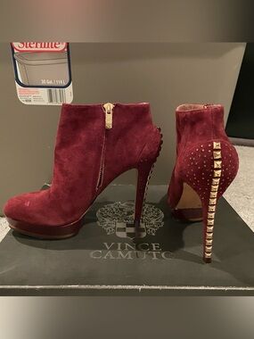 Vince Camuto Burgundy Suede Studded Stiletto Ankle Boots